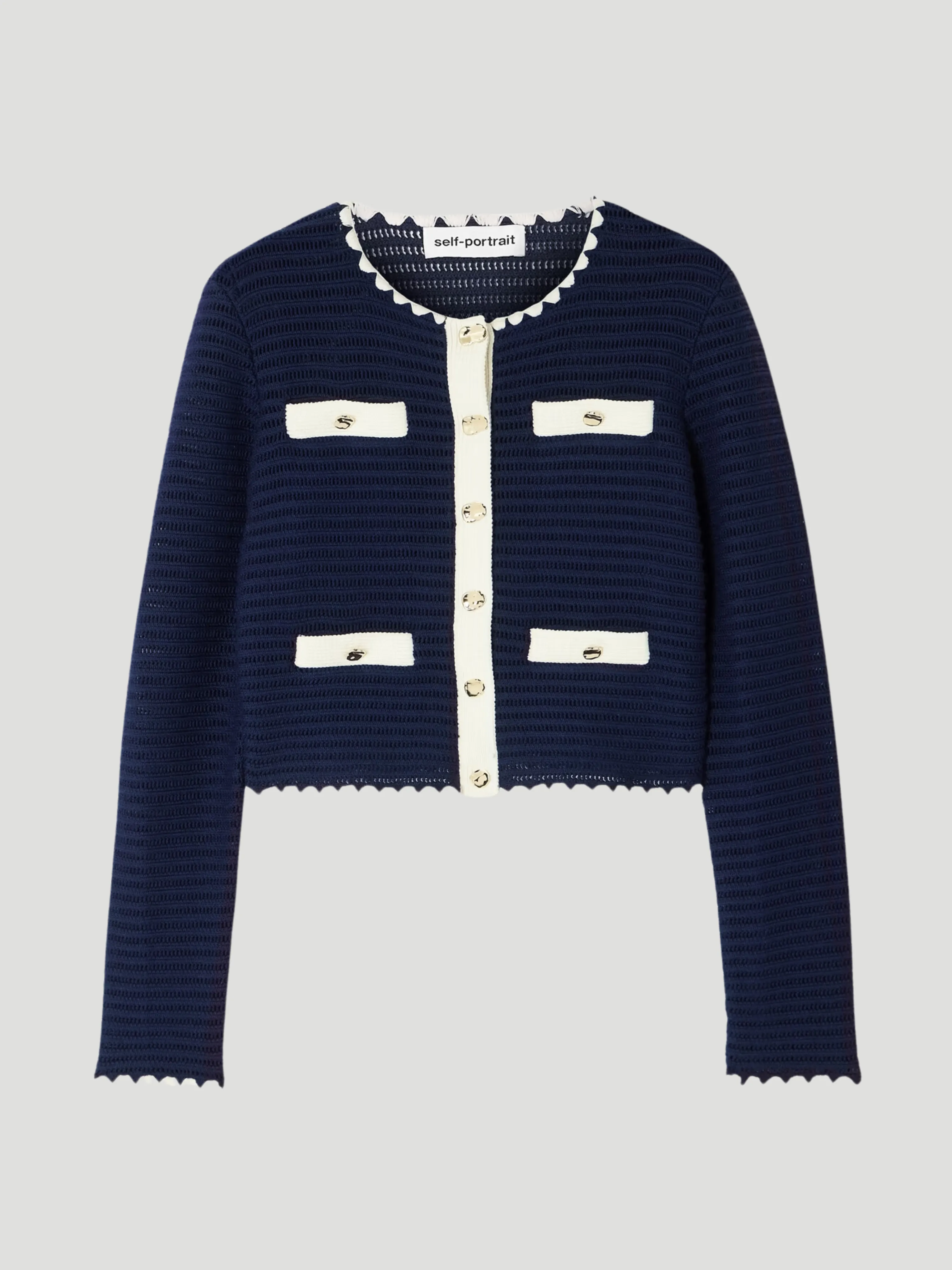 Navy Crochet Contrast-Trim Cardigan