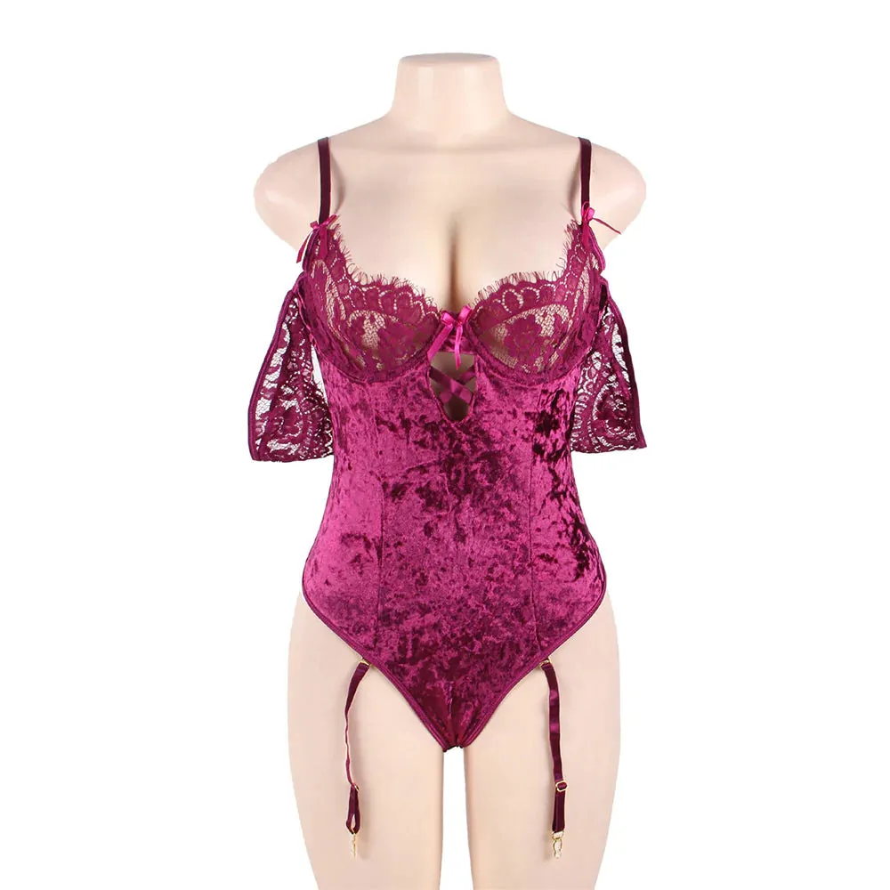 New Plus Size Sheer Lace Off-The-Shoulder Lace Sleeves Velvet Teddy