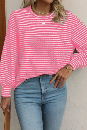 Oaklee Striped Round Neck Drop Shoulder Top - Pink