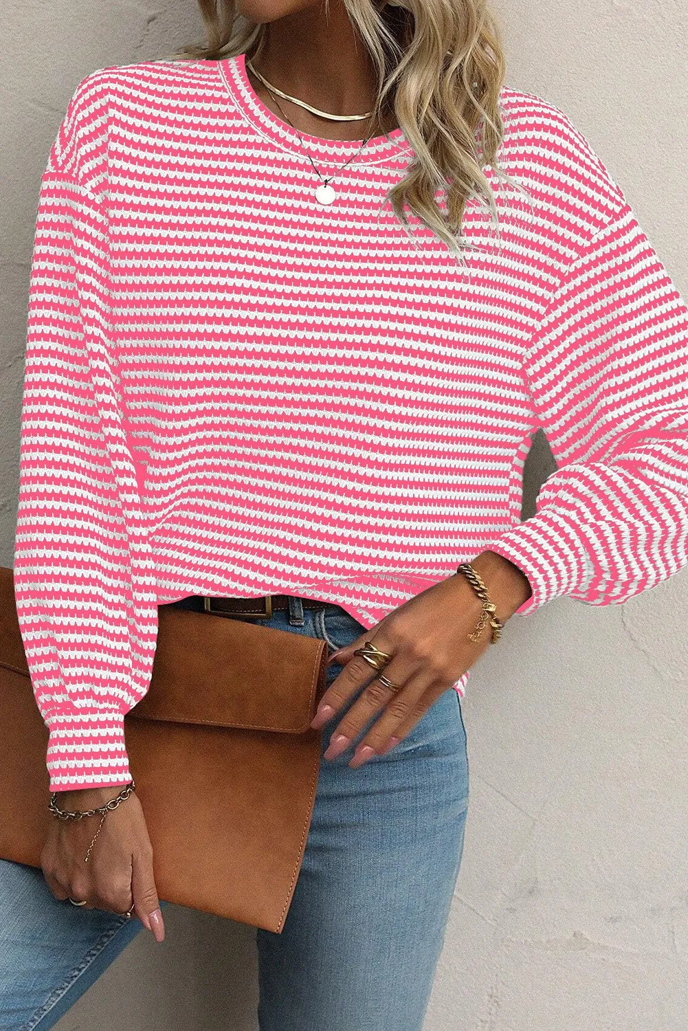 Oaklee Striped Round Neck Drop Shoulder Top - Pink