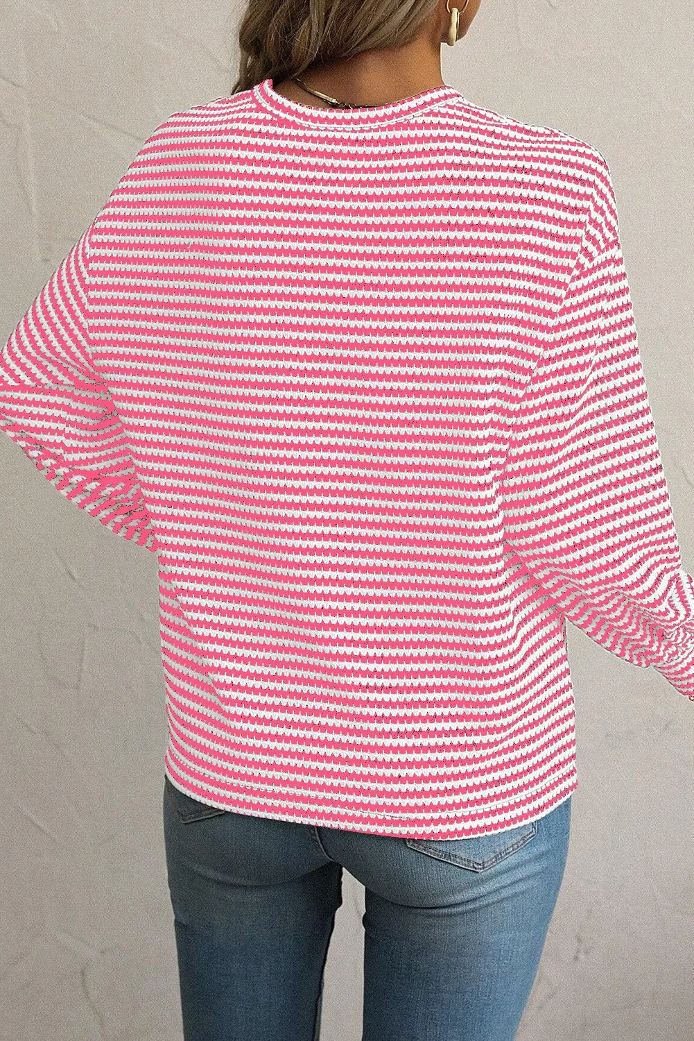 Oaklee Striped Round Neck Drop Shoulder Top - Pink