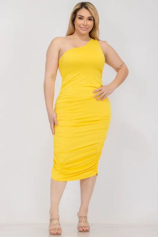 ONE SHOULDER MIDI DRESS | CURVY | yellow|