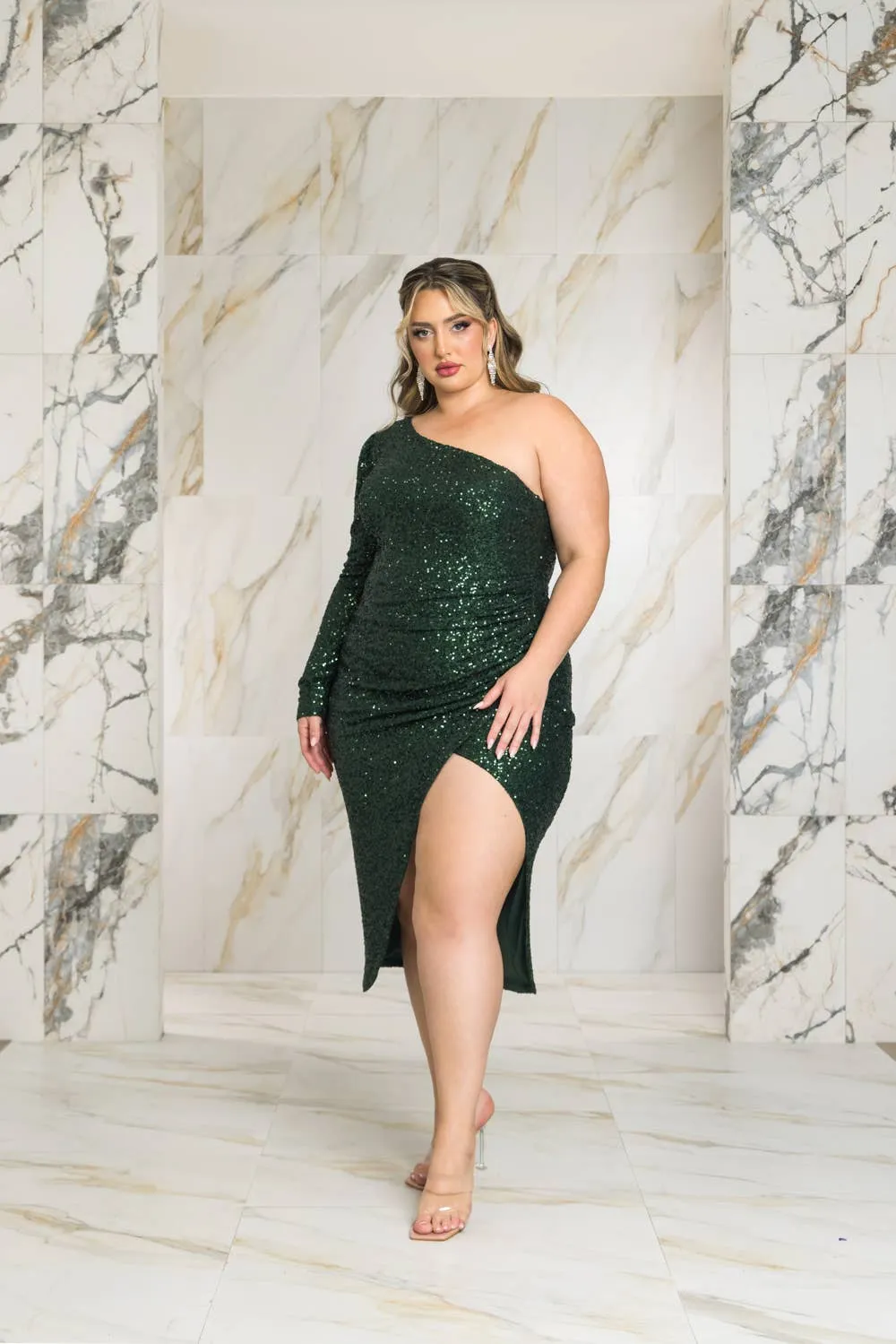 ONE SHOULDER SEQUIN MIDI DRESS