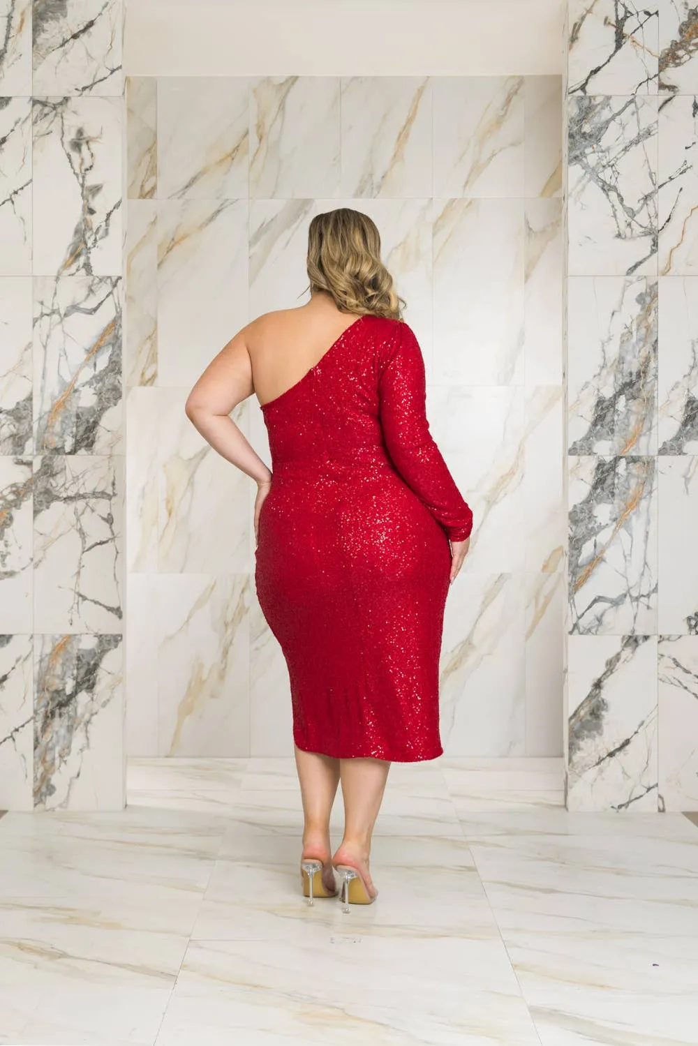 ONE SHOULDER SEQUIN MIDI DRESS