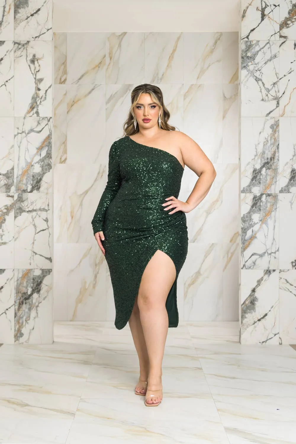 ONE SHOULDER SEQUIN MIDI DRESS