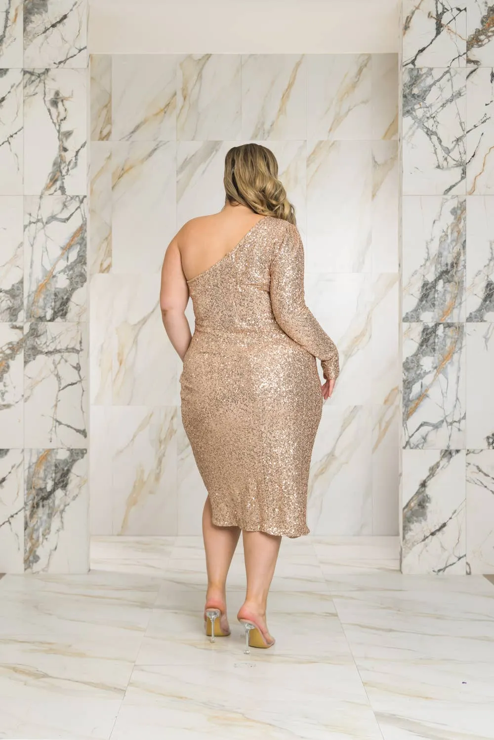 ONE SHOULDER SEQUIN MIDI DRESS