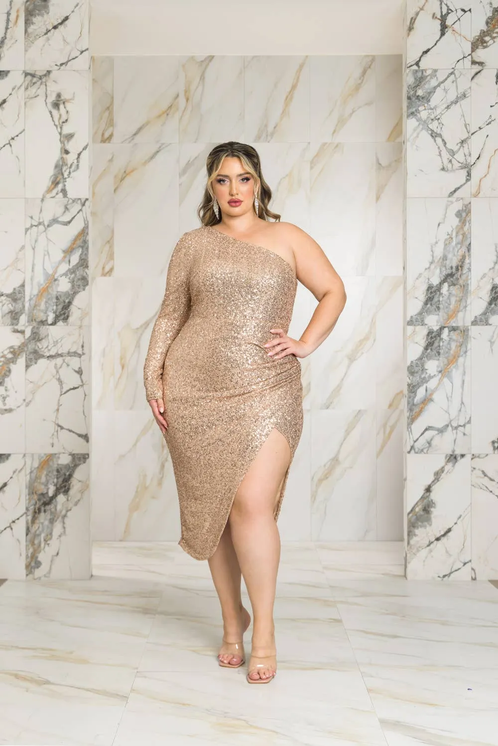 ONE SHOULDER SEQUIN MIDI DRESS