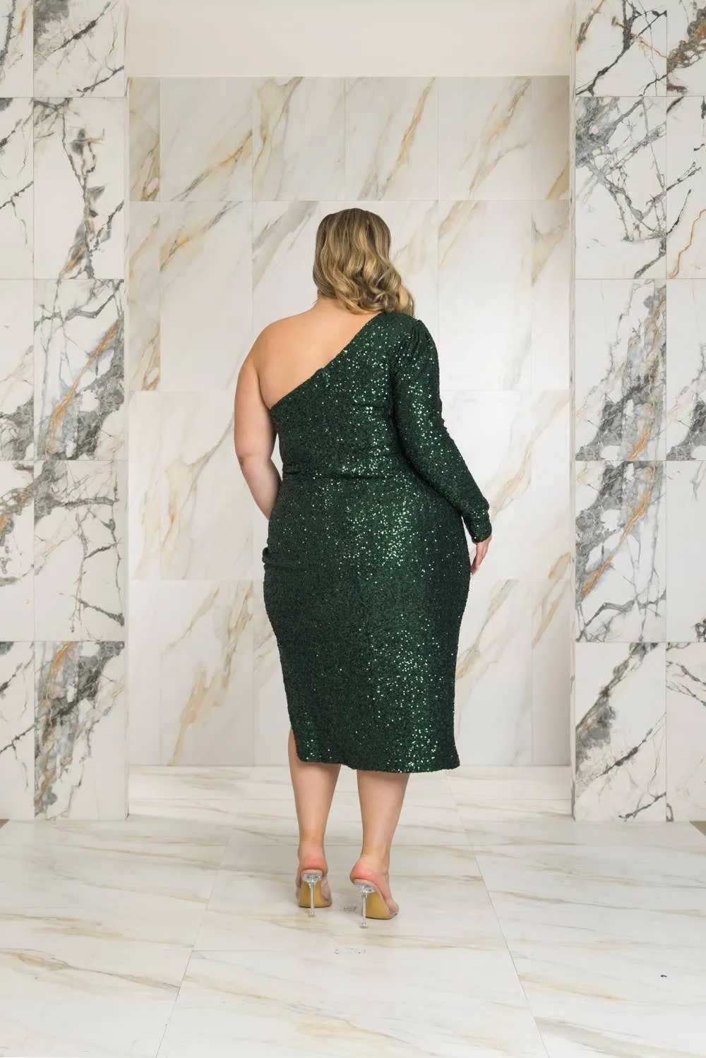 ONE SHOULDER SEQUIN MIDI DRESS