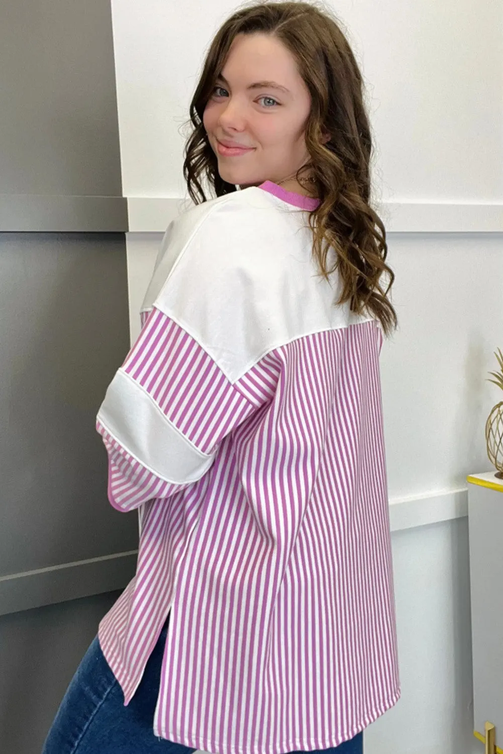 Pink Stripe Patchwork Bracelet Sleeve Plus Size T Shirt