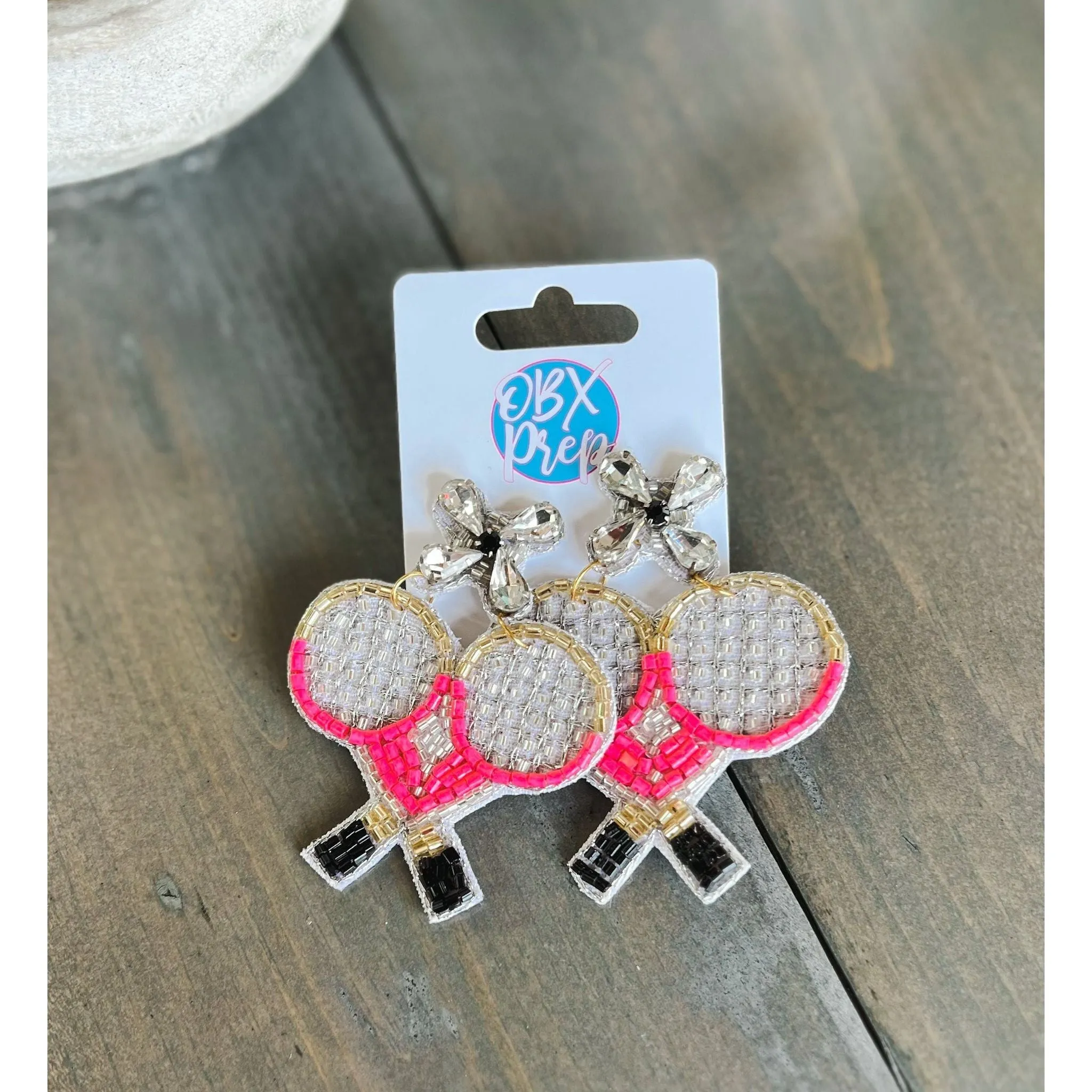 Pink Tennis Racquets Seed Beaded Drop Earrings.