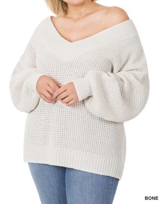 Plus Chunky V-Neck Waffle Knit Sweater