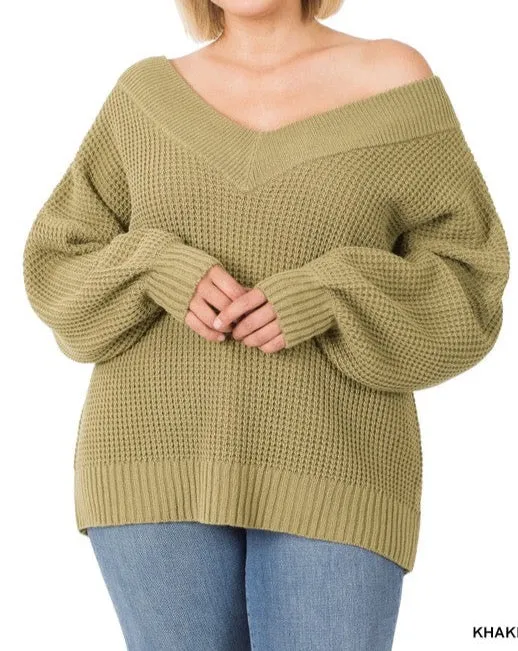 Plus Chunky V-Neck Waffle Knit Sweater