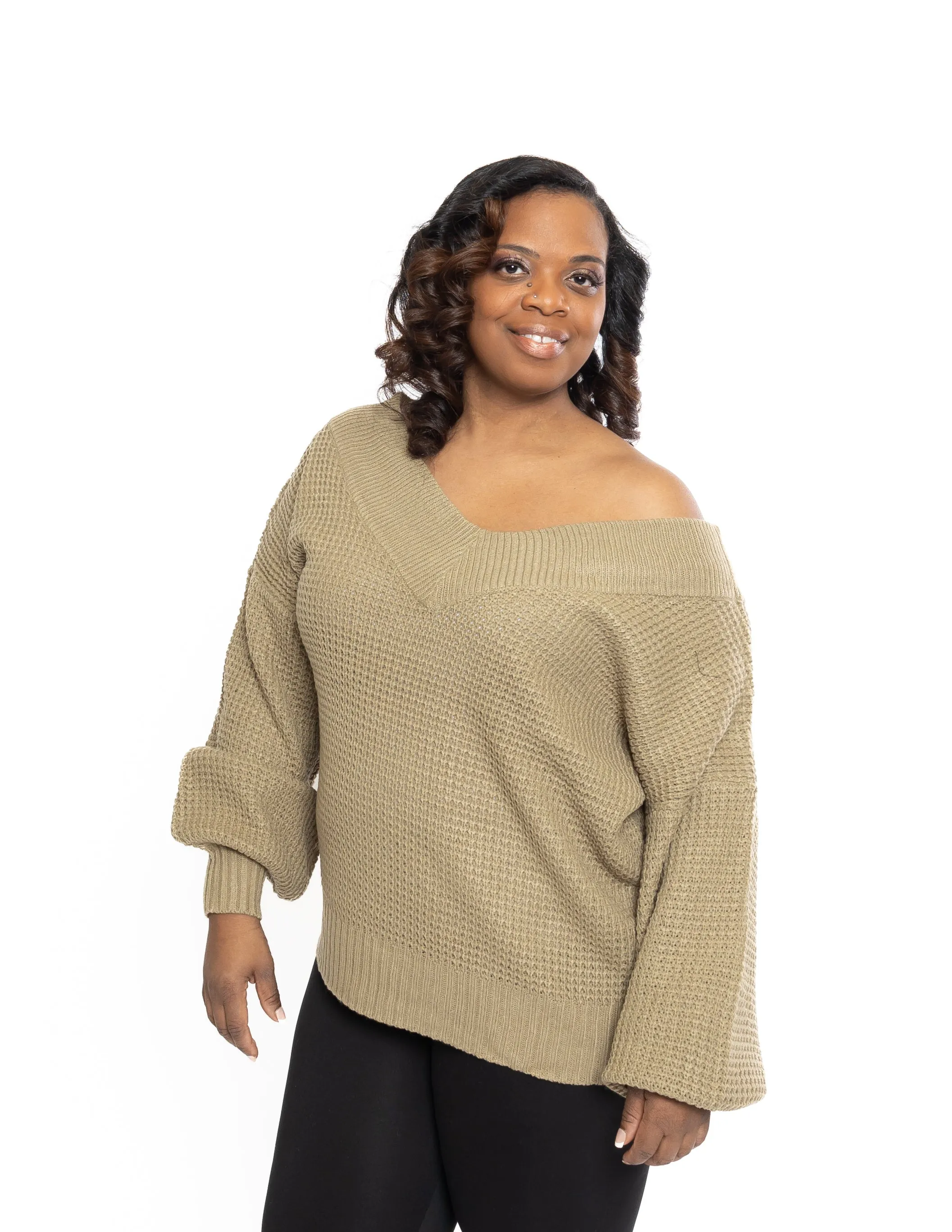 Plus Chunky V-Neck Waffle Knit Sweater