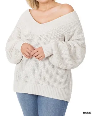 Plus Chunky V-Neck Waffle Knit Sweater