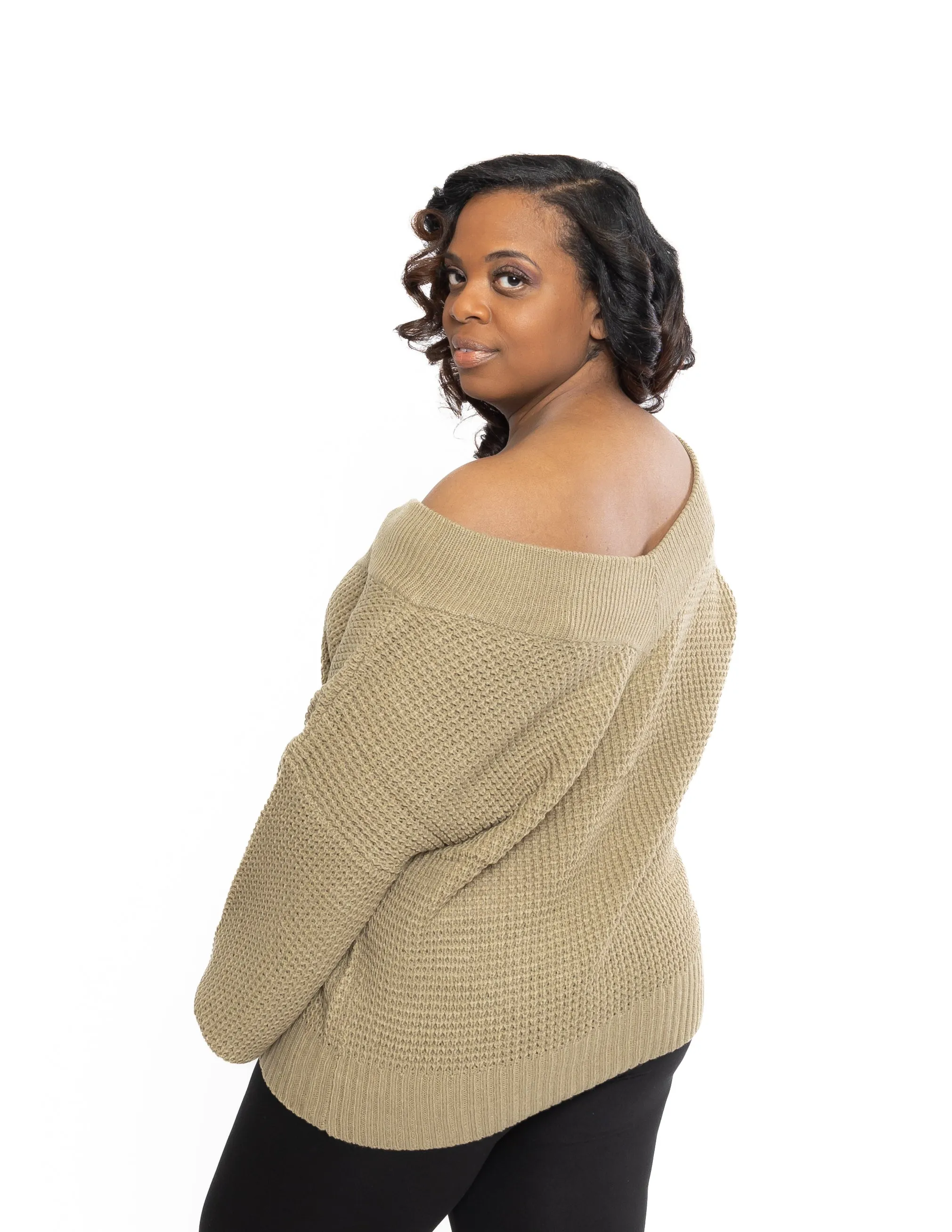 Plus Chunky V-Neck Waffle Knit Sweater