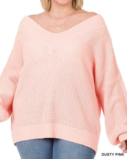 Plus Chunky V-Neck Waffle Knit Sweater