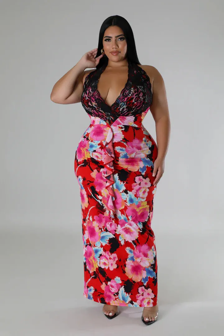 Plus   Curve Floral Design Lace Detail Maxi Dress