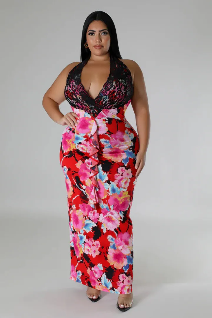 Plus   Curve Floral Design Lace Detail Maxi Dress