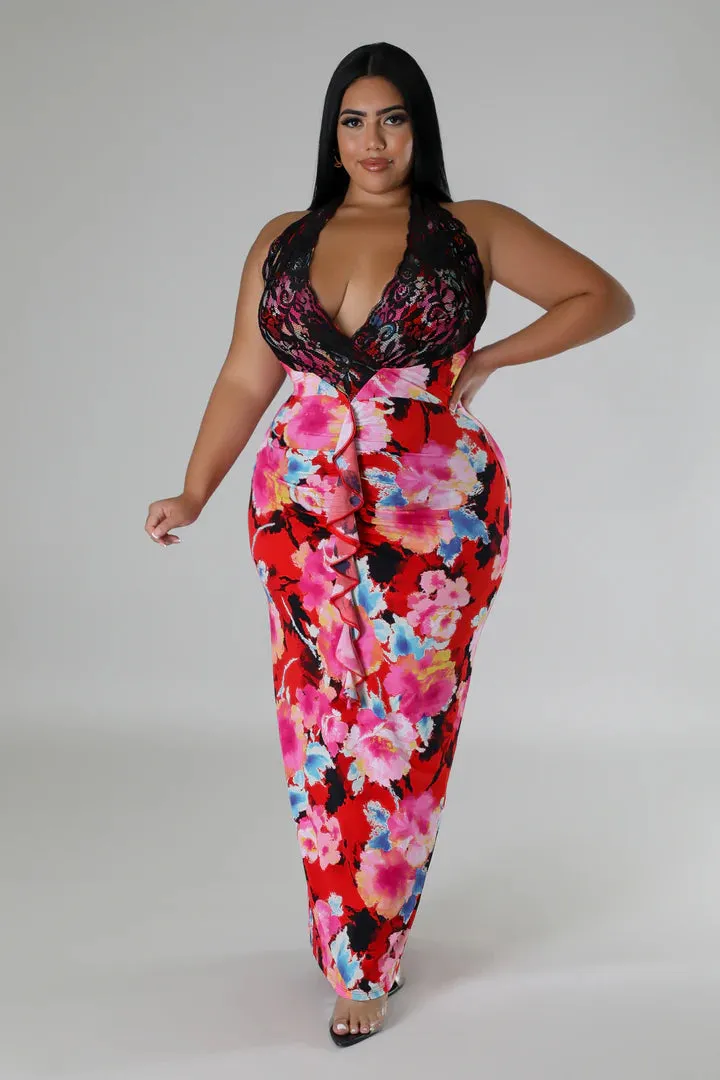 Plus   Curve Floral Design Lace Detail Maxi Dress