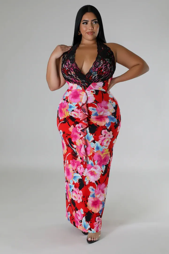 Plus   Curve Floral Design Lace Detail Maxi Dress