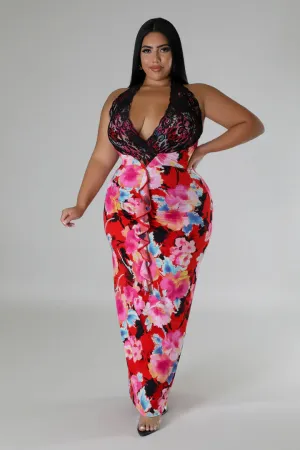 Plus   Curve Floral Design Lace Detail Maxi Dress