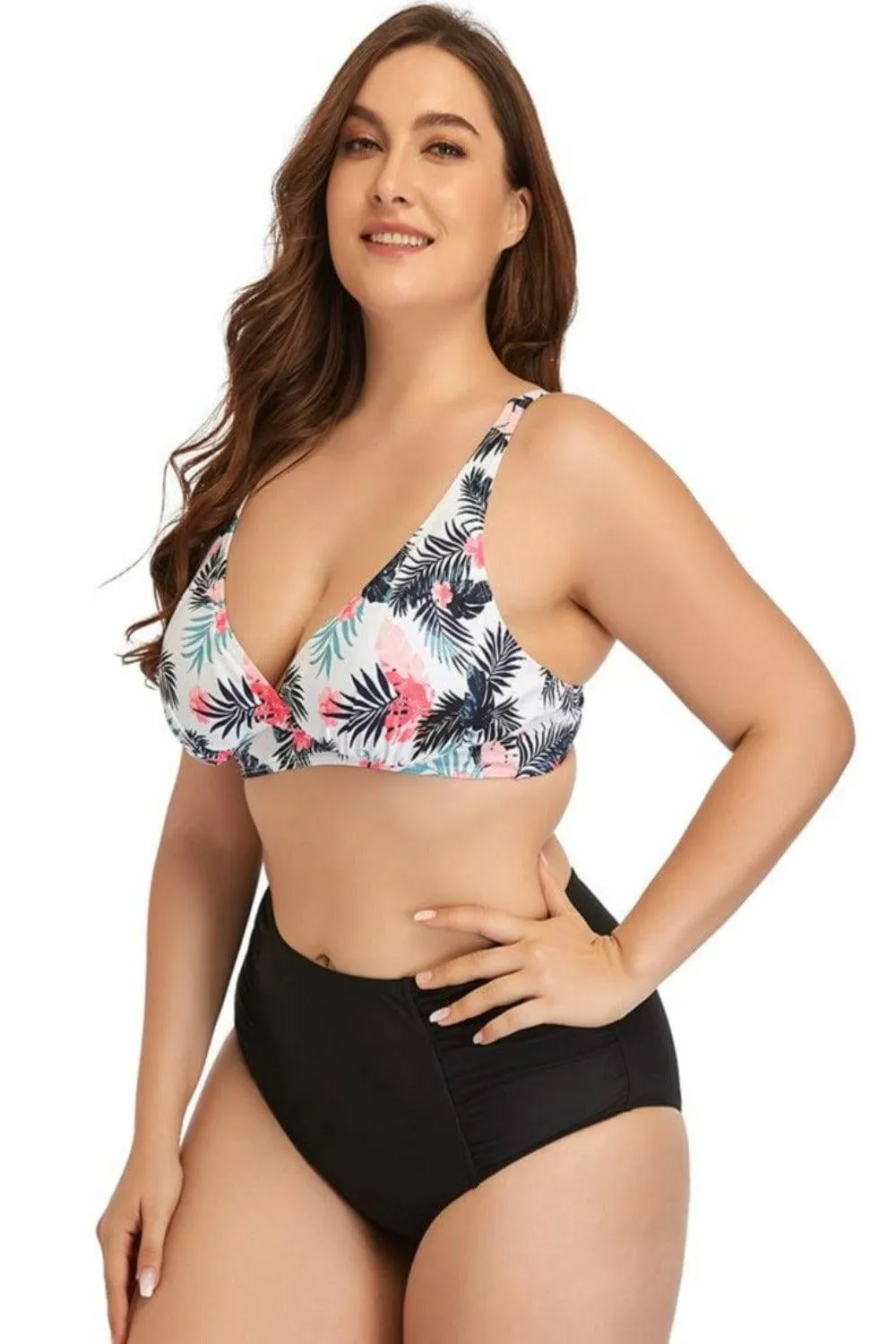 Plus Size Bikini - White Leaf Print Top & High Waist Black Bottom (3XL)