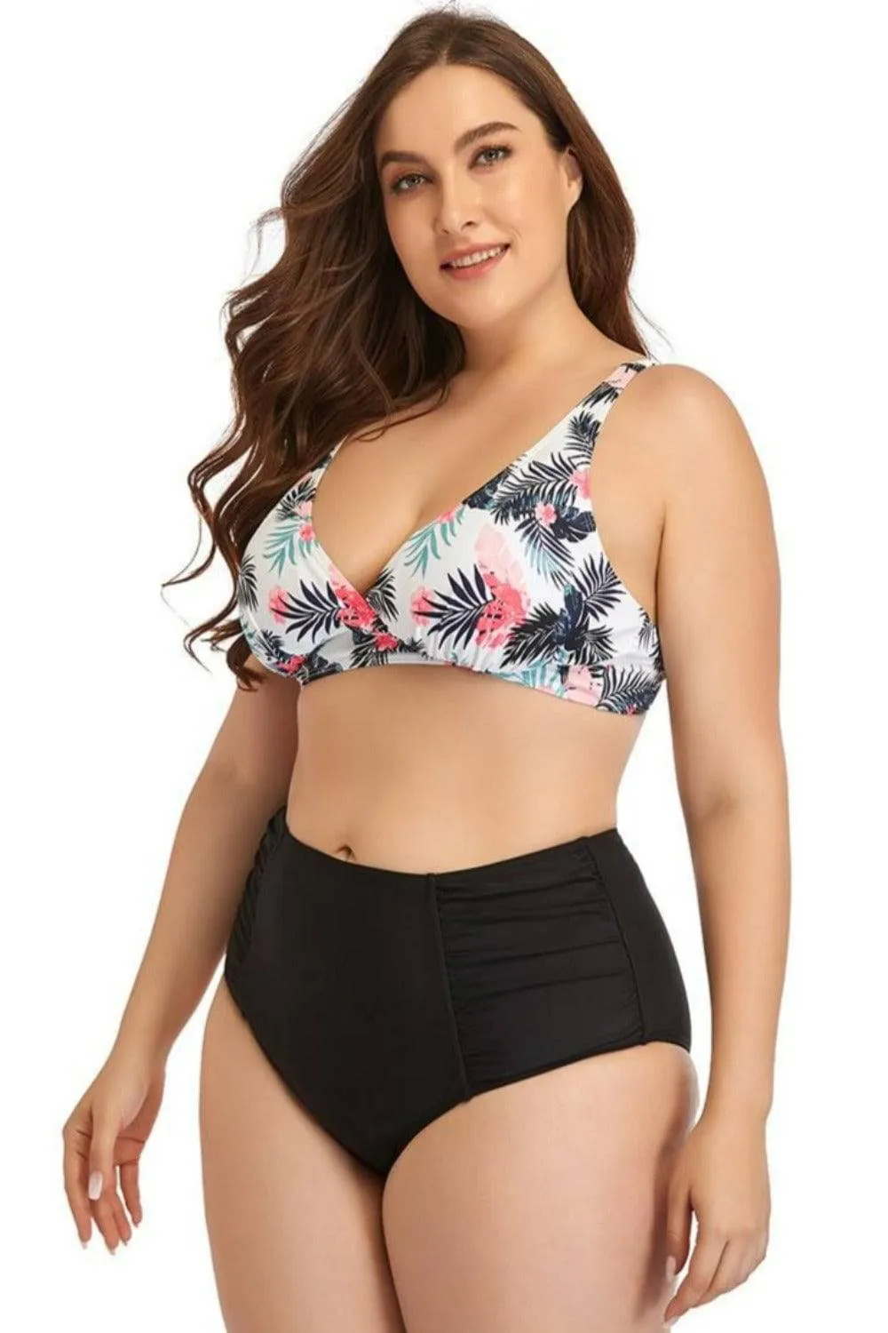 Plus Size Bikini - White Leaf Print Top & High Waist Black Bottom (3XL)