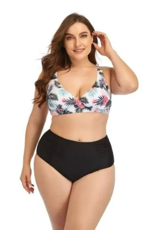 Plus Size Bikini - White Leaf Print Top & High Waist Black Bottom (3XL)