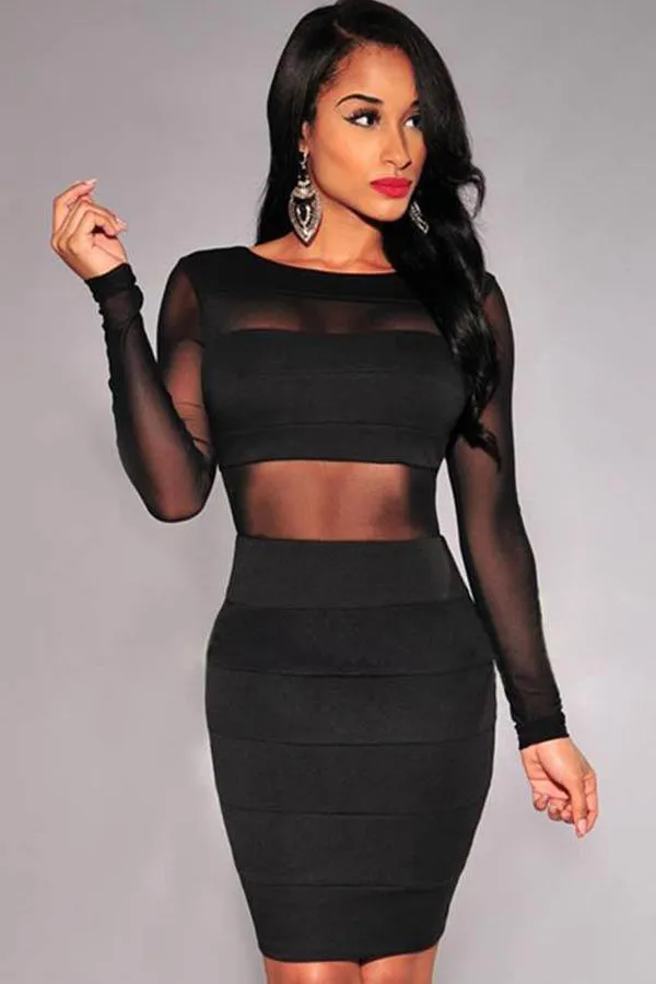 Plus Size Black Body Con Sheer Panel Dress