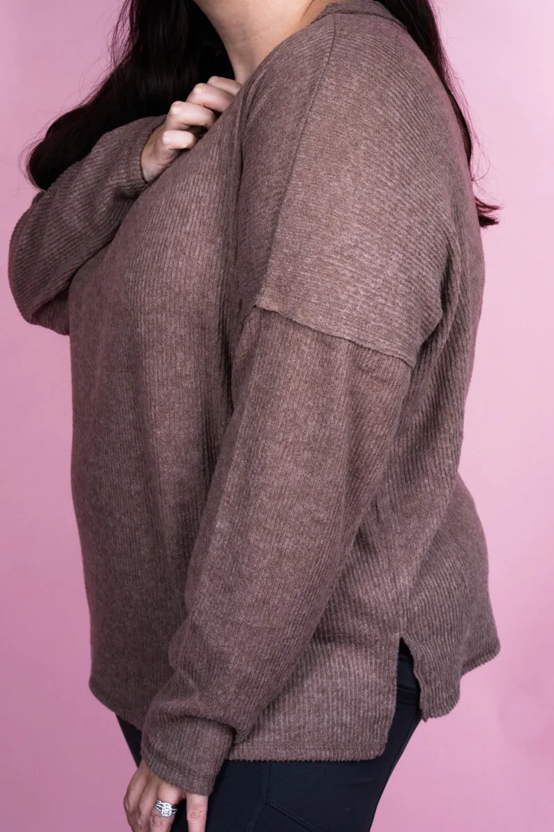 Plus Size Charmed Life Mocha Ribbed V-Neck Sweater