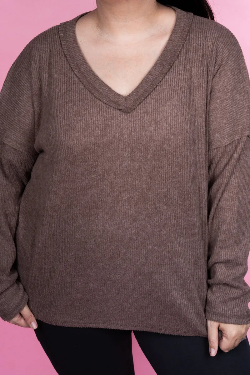 Plus Size Charmed Life Mocha Ribbed V-Neck Sweater