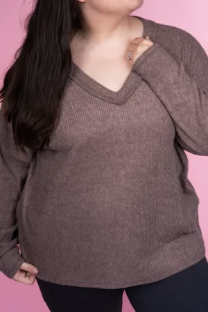 Plus Size Charmed Life Mocha Ribbed V-Neck Sweater