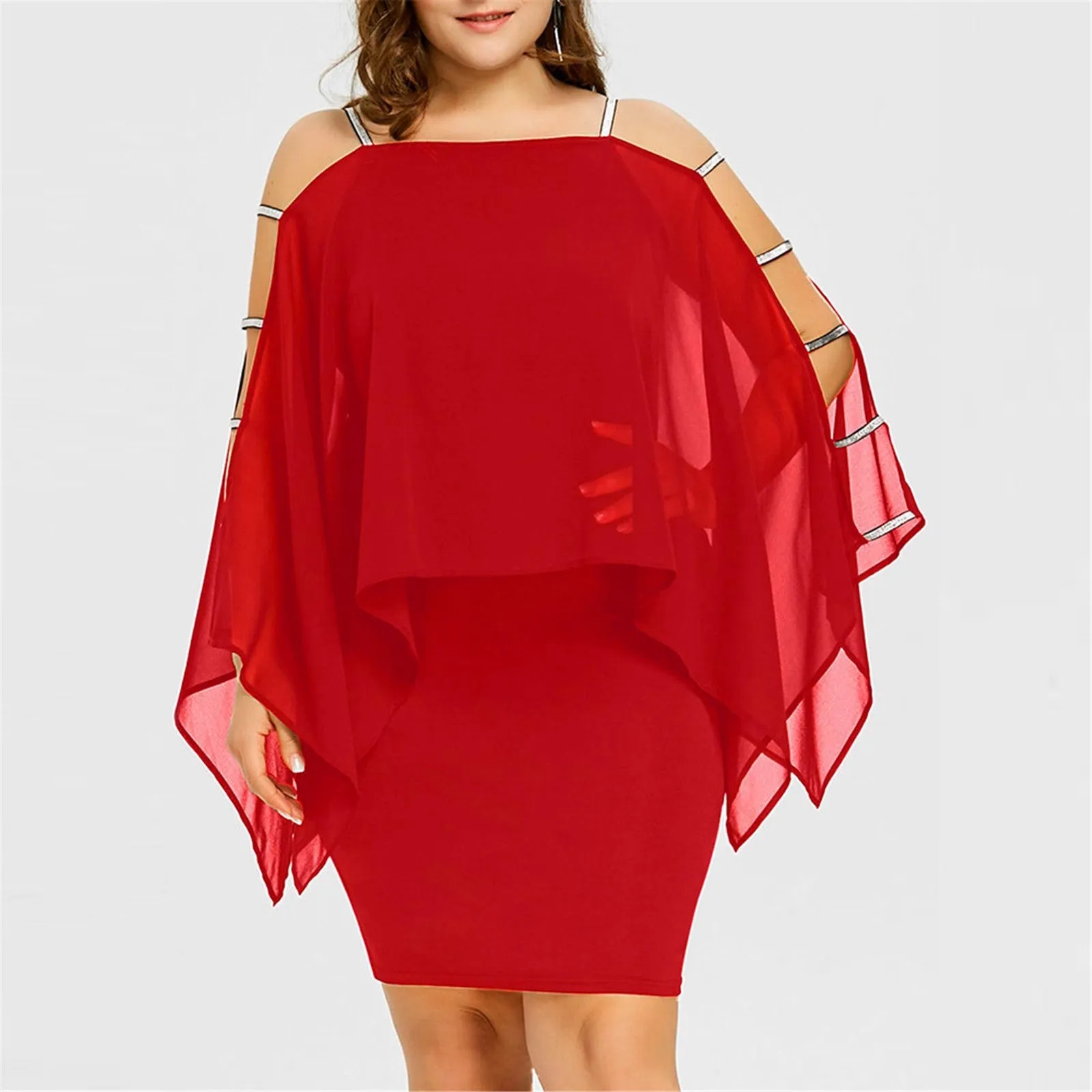 Plus Size Cold Shoulder Cape Dress with Sheer Overlay  Asymmetric Chiffon Strapless Mini Dress