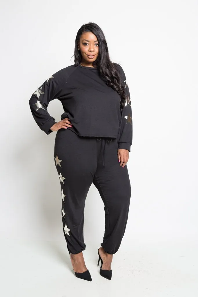 Plus Size Cozy Star Printed Sweater Top Bottom Set