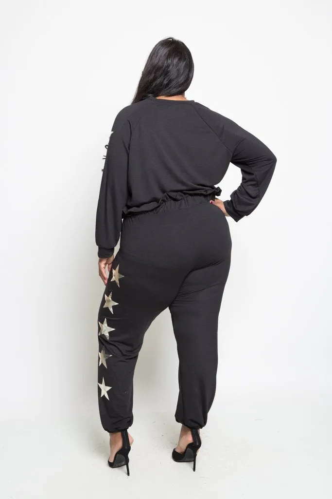 Plus Size Cozy Star Printed Sweater Top Bottom Set
