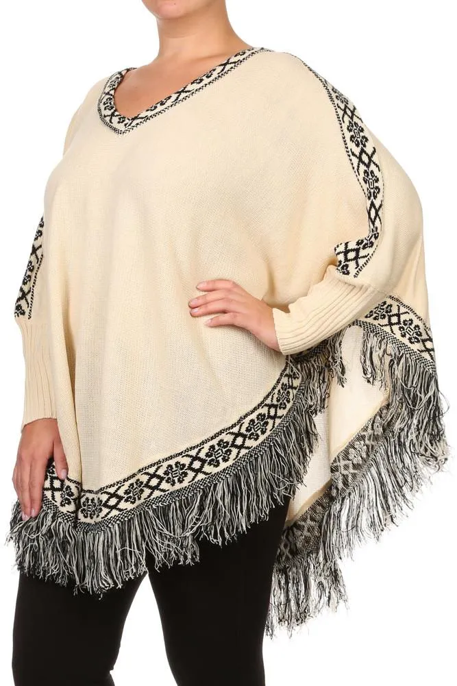 Plus Size Cozy Tribal Print Fringe Poncho