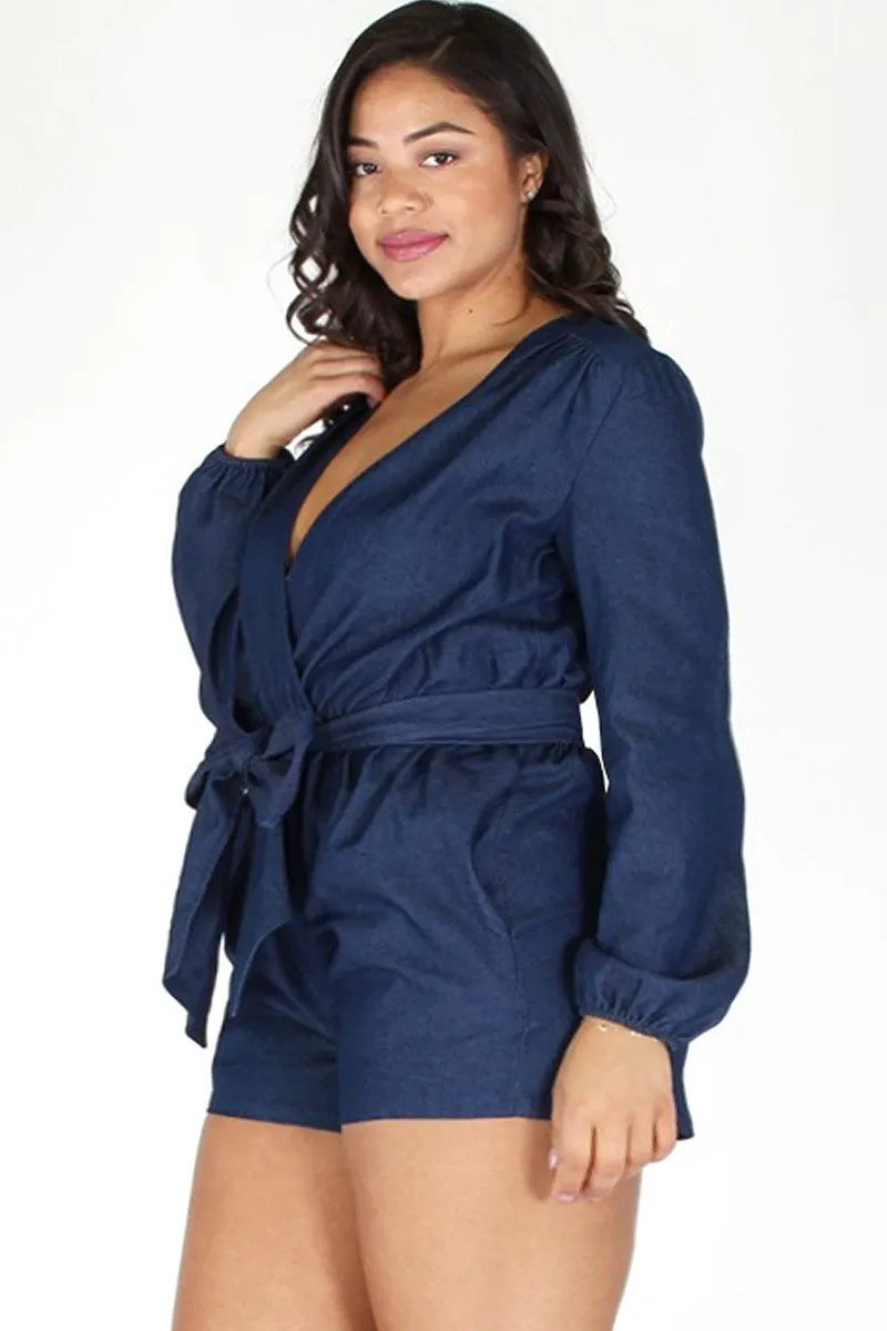 Plus Size Deep V Waist Ribbon Denim Romper