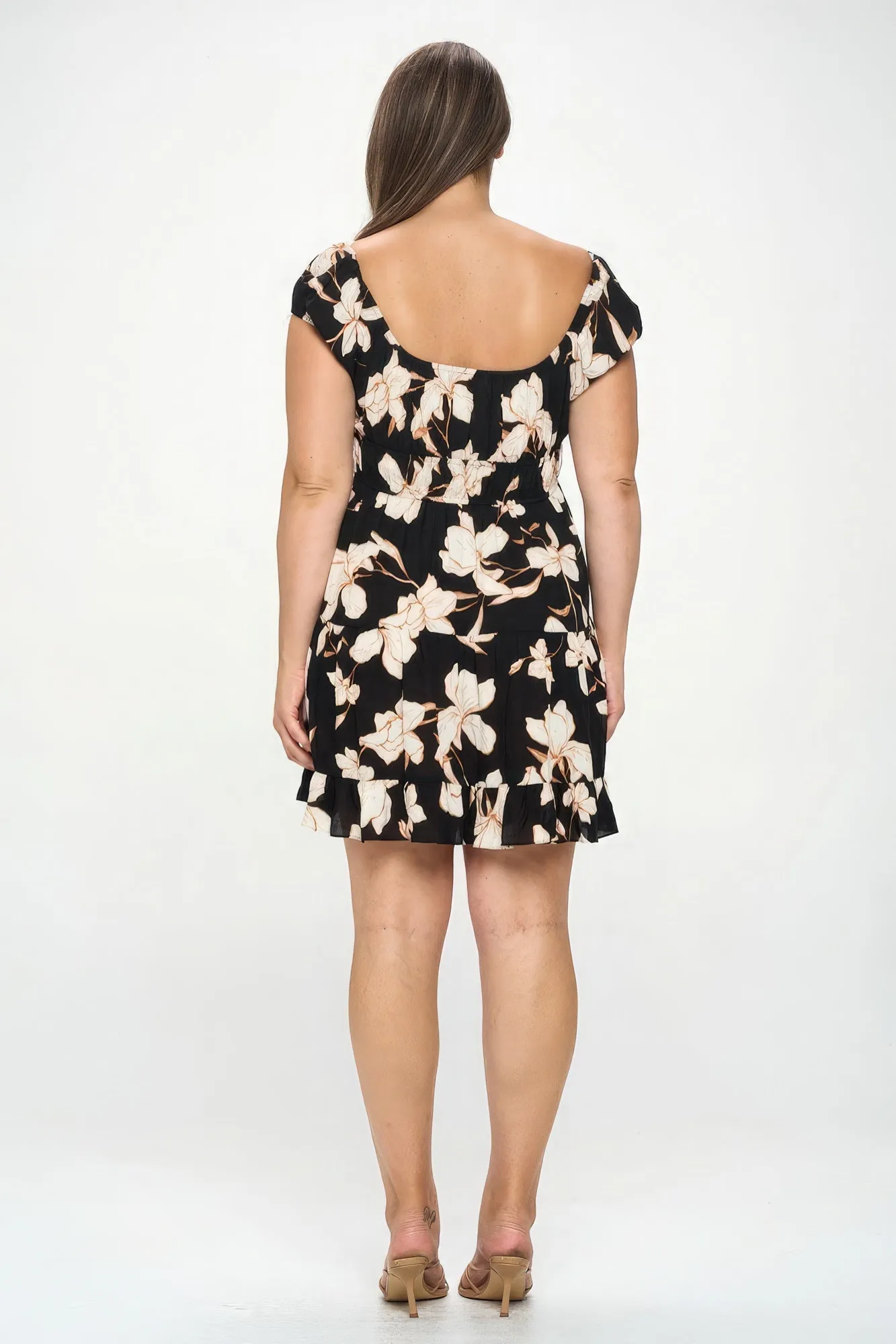 Plus Size Floral Front Tie Ruffle Black Mini Dress