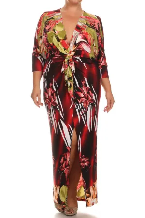 Plus Size Floral Paradise Front Knot Red Kimono Dress