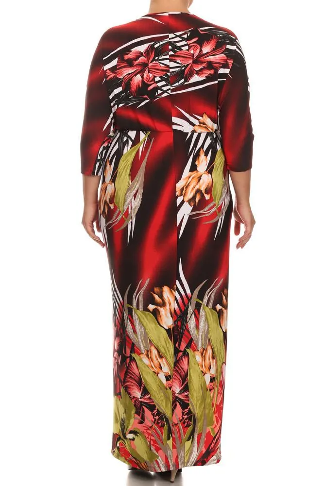 Plus Size Floral Paradise Front Knot Red Kimono Dress