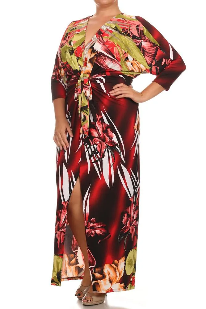 Plus Size Floral Paradise Front Knot Red Kimono Dress