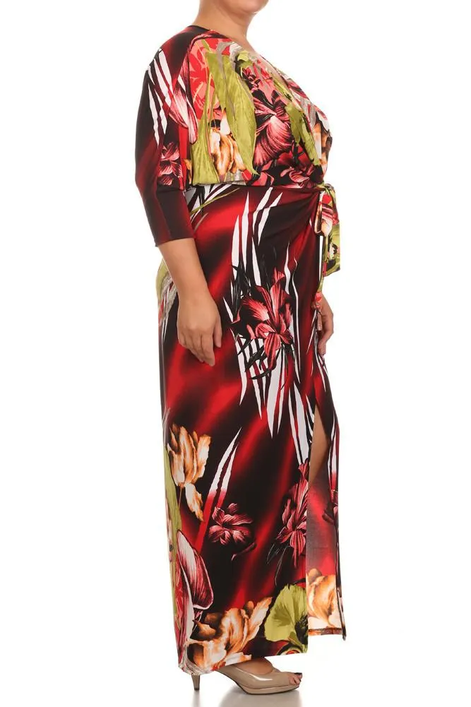 Plus Size Floral Paradise Front Knot Red Kimono Dress