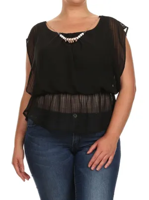Plus Size Glam Drop Waist Sheer Black Blouse