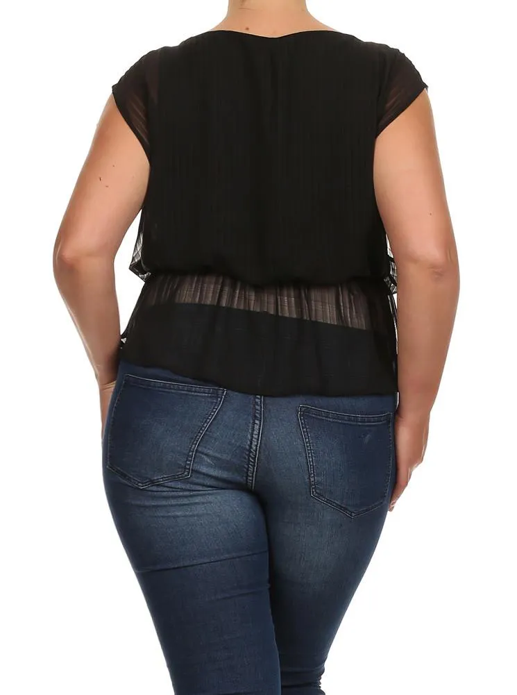 Plus Size Glam Drop Waist Sheer Black Blouse