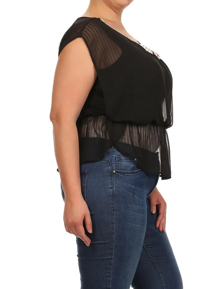 Plus Size Glam Drop Waist Sheer Black Blouse