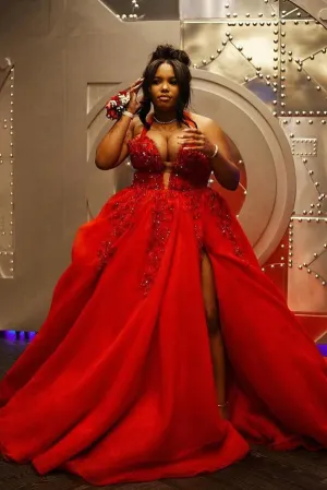 Plus Size Red Halter A-Line Tulle Side Slit Prom Dress with Beads