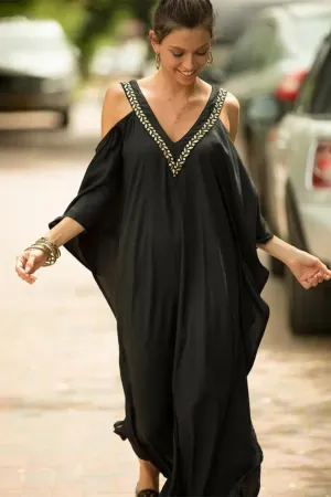 Plus Size Sexy Cold Shoulder V Neck Bats Sleeve Loose Beach Dress