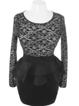 Plus Size Sparkling See Through Peplum Black Dress