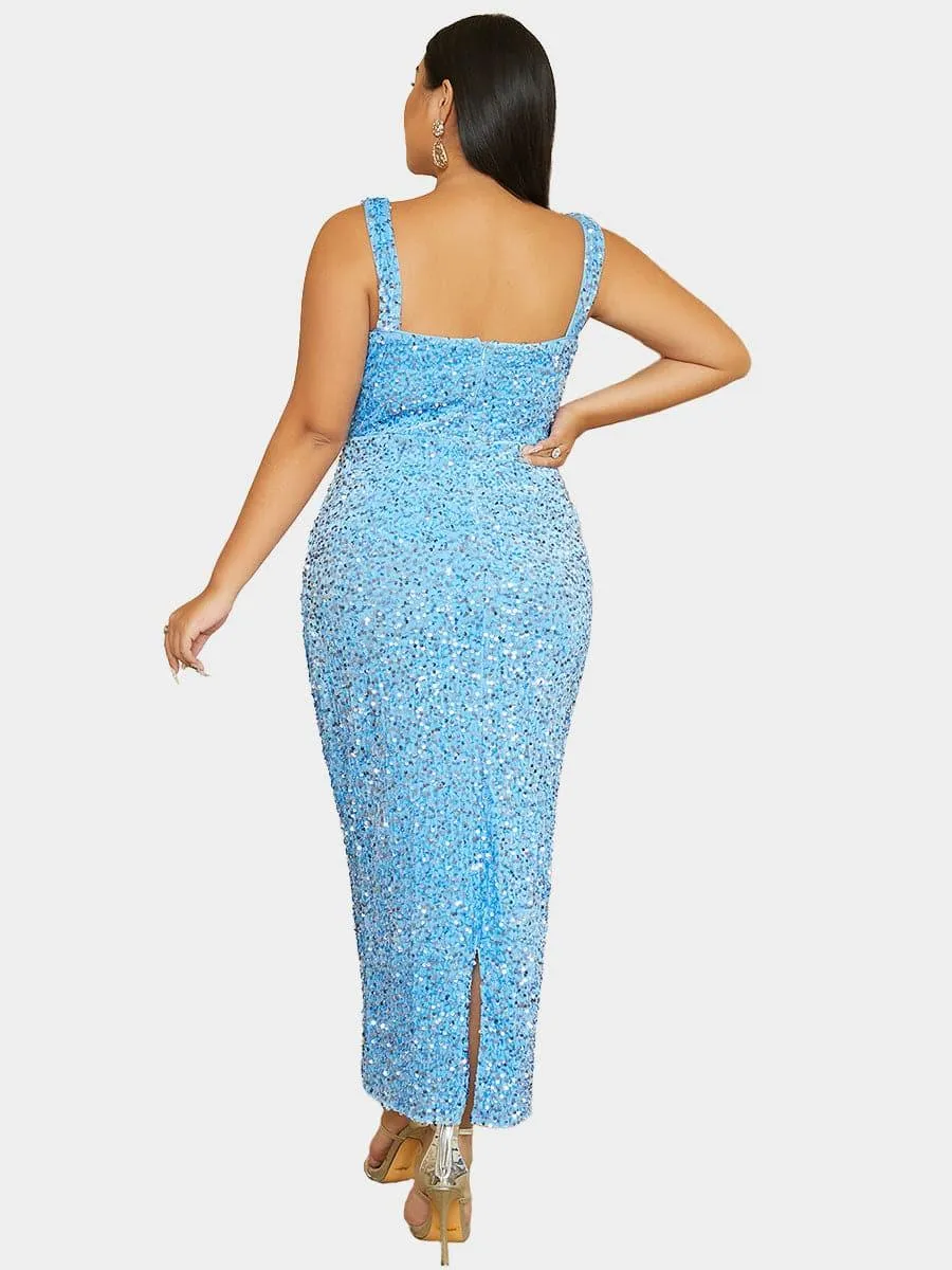 Plus Size Square Neck Sleeveless Sequin Midi Dress PXJ468