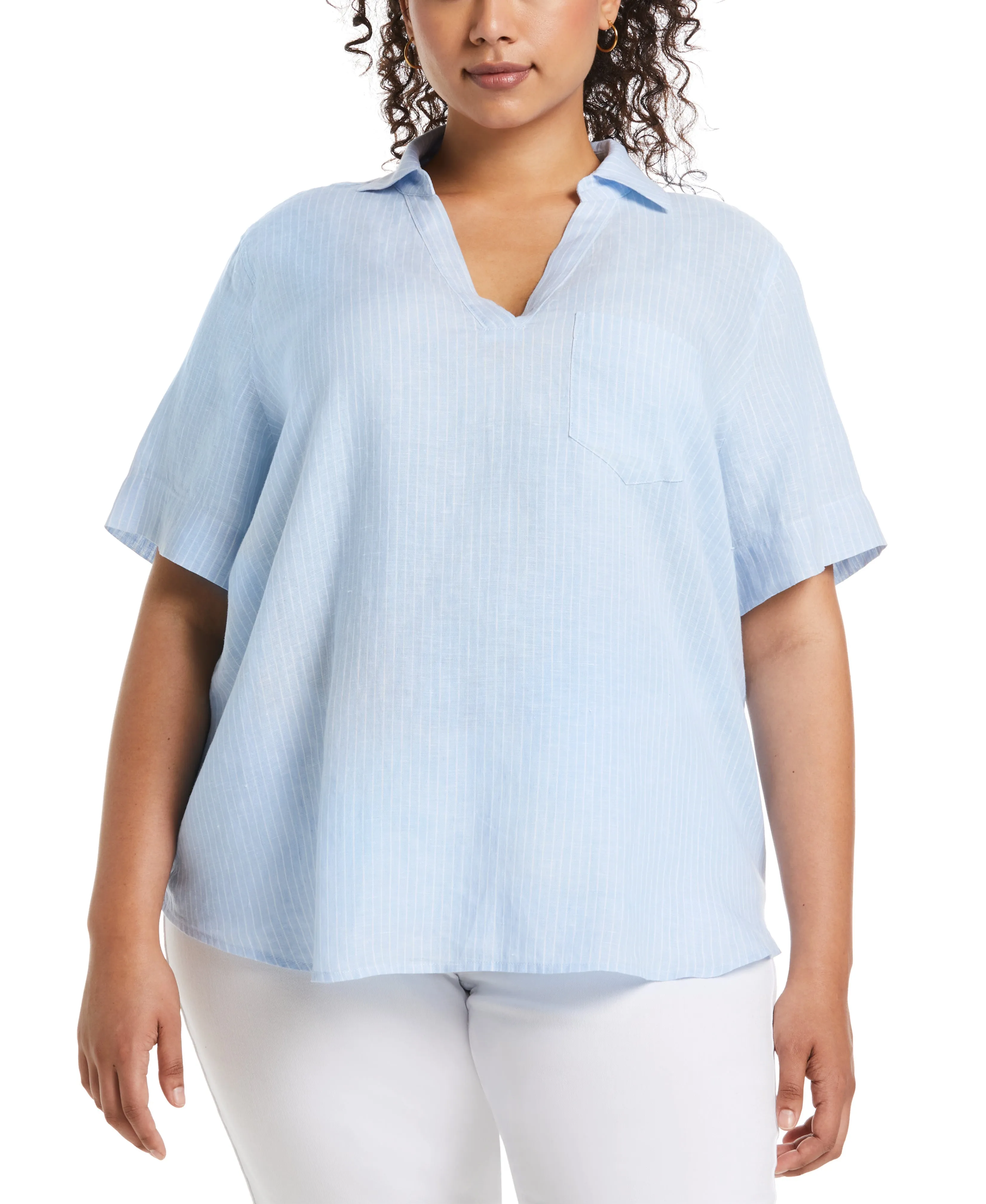 Plus Size Stripe Split Neck Linen Top